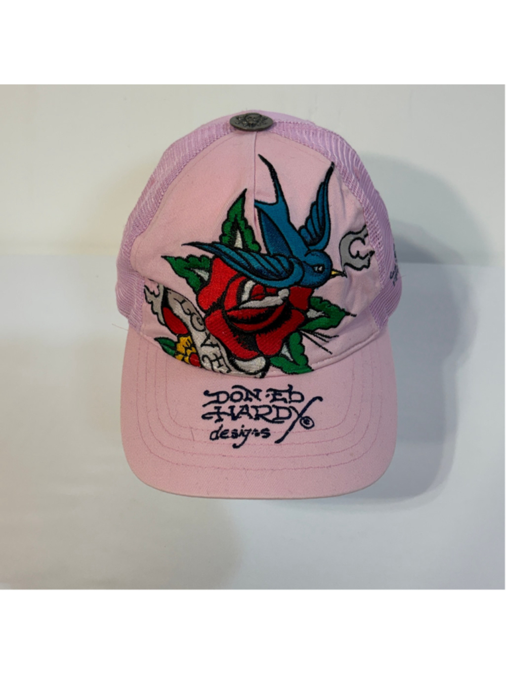 Ed Hardy by Christian Audigier Pink Trucker Hat Bird Rose Tattoo Mesh One Size